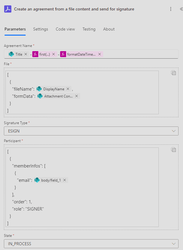 Create an agreement from a file content and send for signature action