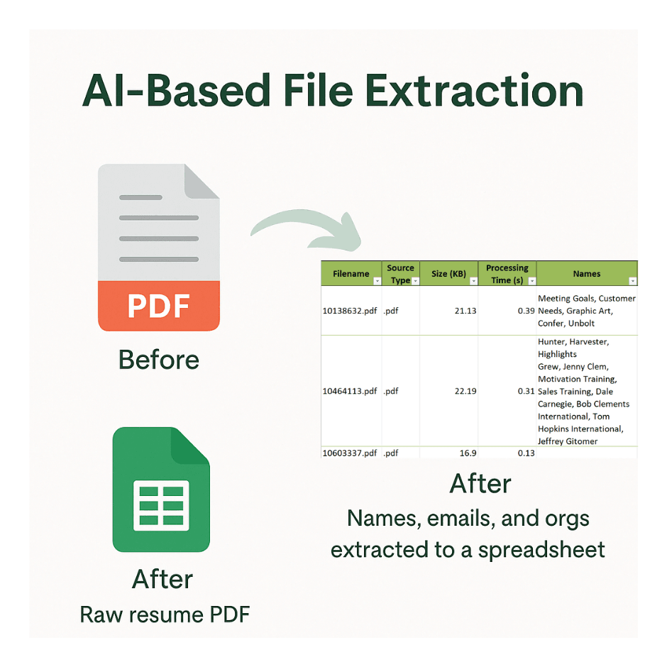 Screenshot of AI File Extractor output showing extracted data from documents
